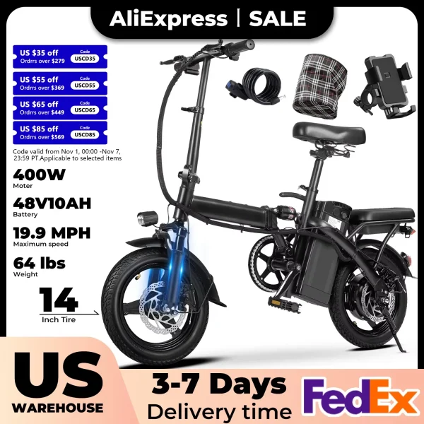 400W dual disc brake adult foldable electric bicycle 
with seat and basket 14 inches 48V 10.4Ah 22 mile range 20MPH